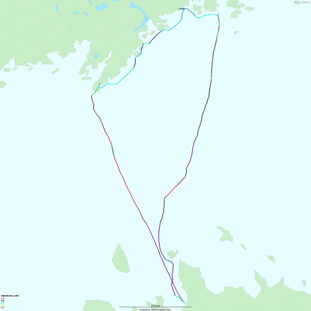 GPS-reitti, nopeudet värikoodeilla...huomaa että Porkkalaan tultiin vauhdilla. (c) Jussi Vaittinen