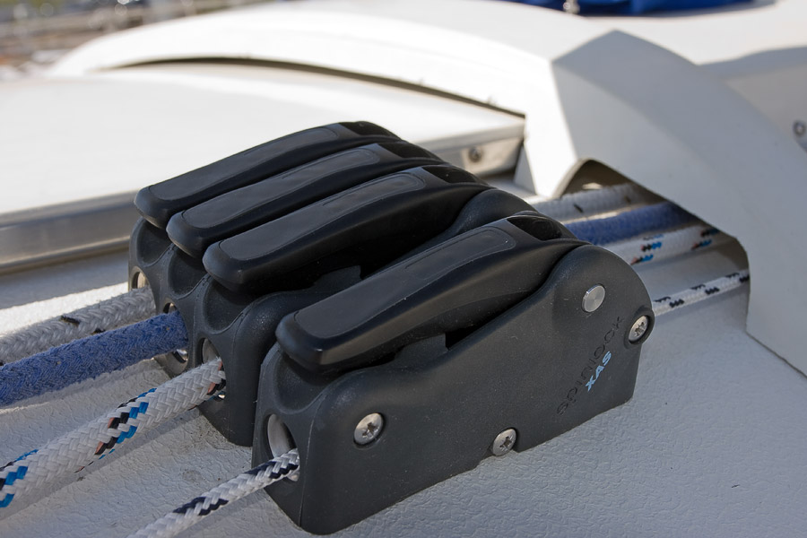 Starboard Spinlock XAS rope clutches installed. From left to right: kicker, first reef, main halyard, topping lift.